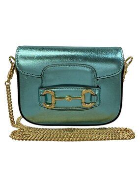 Gucci Shoulder Bag Horsebit Metallic Blue Chain Mini Leather
